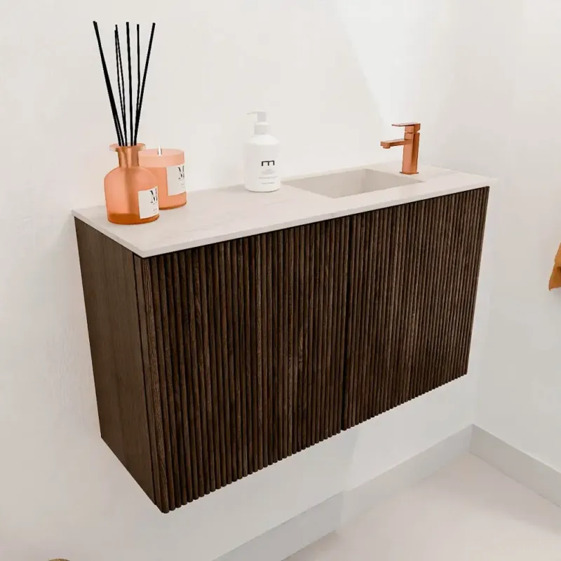 Weekendaanbieding Mondiaz Joya DLux 70cm toiletmeubel walnut met wastafel faye rechts 1 kraangat meli