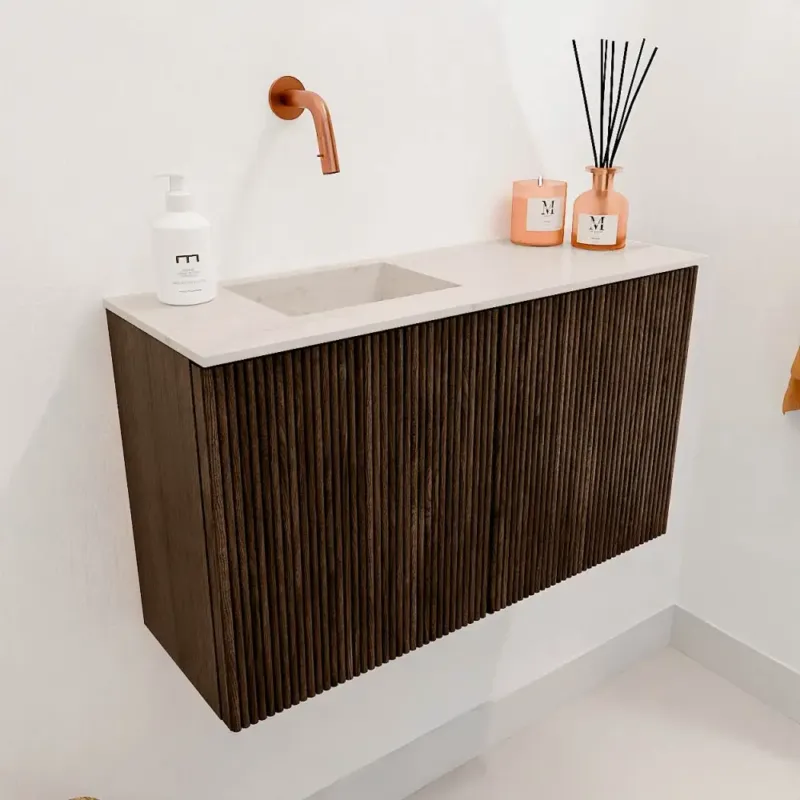 Voordeelprijs Mondiaz Joya DLux 70cm toiletmeubel walnut met wastafel faye links zonder kraangat meli