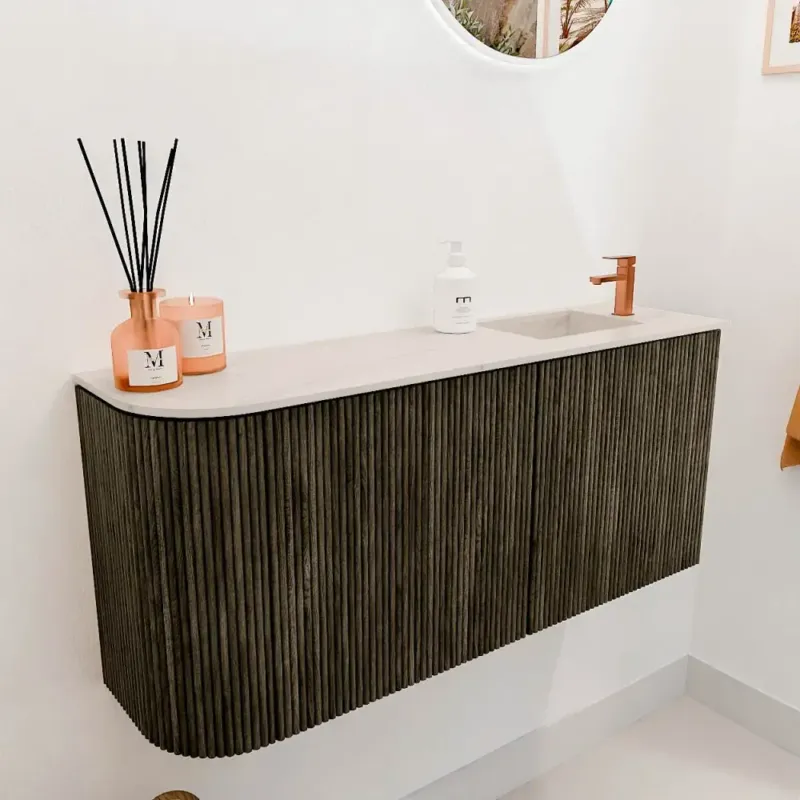 Weekendaanbieding Mondiaz Joya DLux 90cm toiletmeubel ronding links shadow met wastafel faye rechts 1 kraangat meli