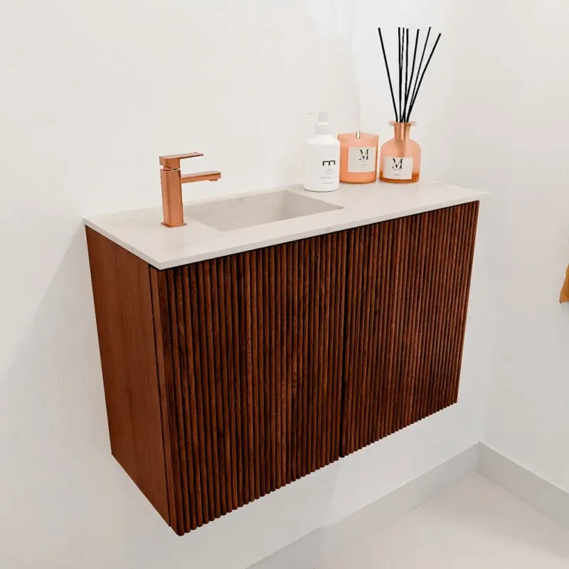Must-Have Mondiaz Joya DLux 60cm toiletmeubel ruby met wastafel faye links 1 kraangat meli