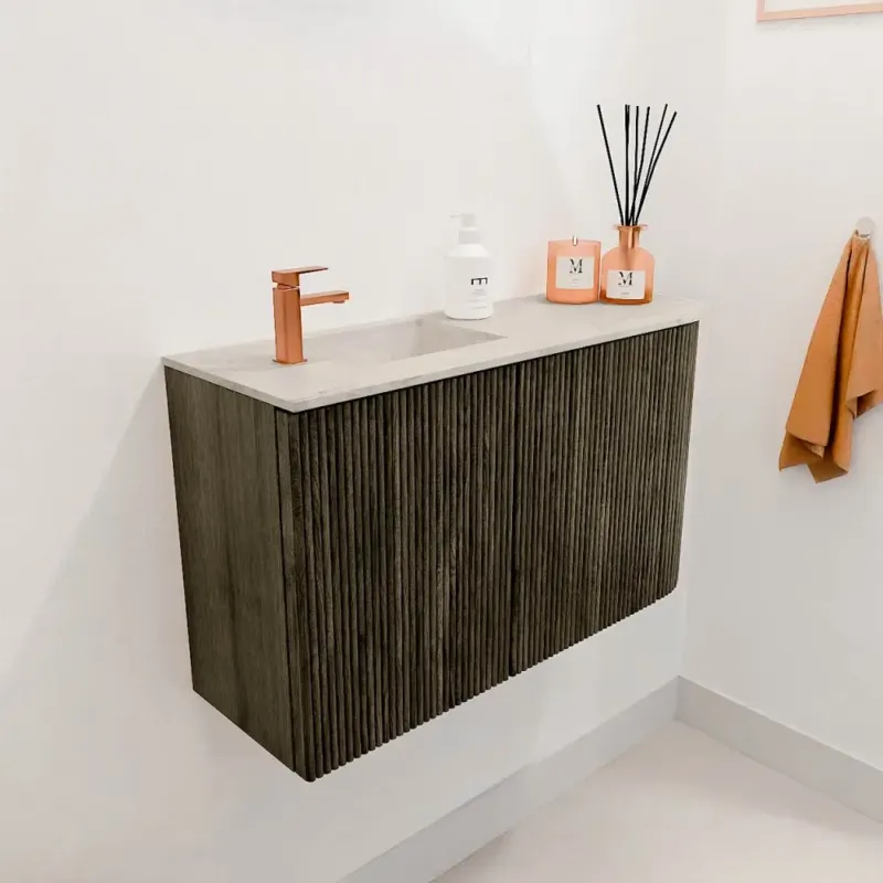 Beperkte Voorraad Mondiaz Joya DLux 70cm toiletmeubel ronding rechts shadow met wastafel faye links 1 kraangat ostra