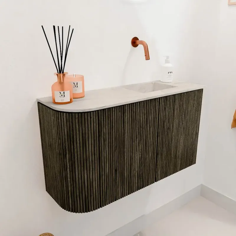 Aanbieding Mondiaz Joya DLux 70cm toiletmeubel ronding links shadow met wastafel faye rechts zonder kraangat ostra