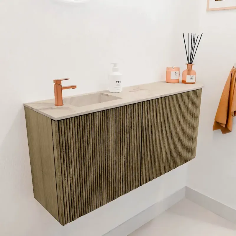 Superprijs Mondiaz Joya DLux 90cm toiletmeubel ronding rechts dusk met wastafel faye links 1 kraangat frappe