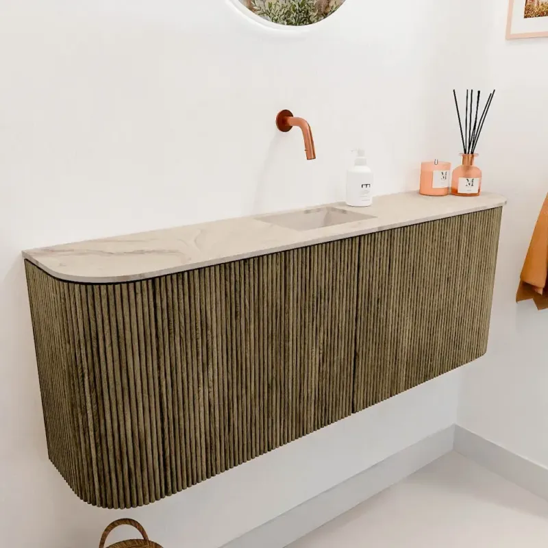 Uitverkoop Mondiaz Joya DLux 115cm toiletmeubel ronding links/rechts dusk met wastafel faye midden zonder kraangat frappe
