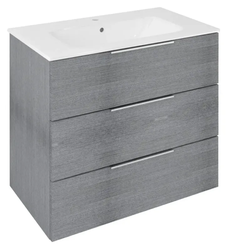 Hete Deal Sapho Cirasa badmeubel 80cm met 3 lades grijs eiken met witte wastafel