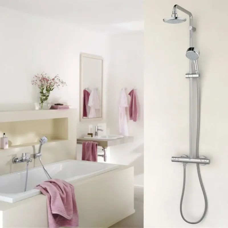 Op = Op Grohe Tempesta Cosmopolitan douchesysteem m. douchekraan thermostatisch m. aquadimmer m. Euphoria Cosmo hoofddouche 160mm Rain m. New Temp. Cosmo II handd chroom