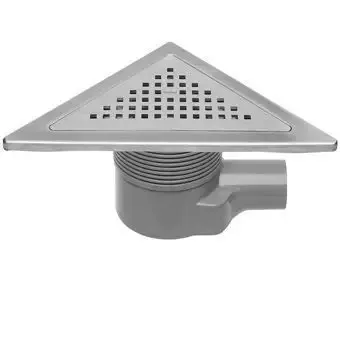 Easy Drain Aqua Plus Delta vloerput driehoekig m. RVS afwerkdeel m. RVS rooster en zijuitlaat 24x24cm inbouwdiepte 64-100mm m. waterslot 50 tot 25mm Actieprijs