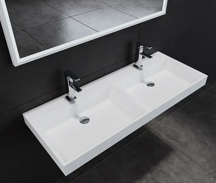 Lambini Designs Vicenza wastafel solid surface 120cm dubbel met 2 kraangaten wit mat Finale Uitverkoop