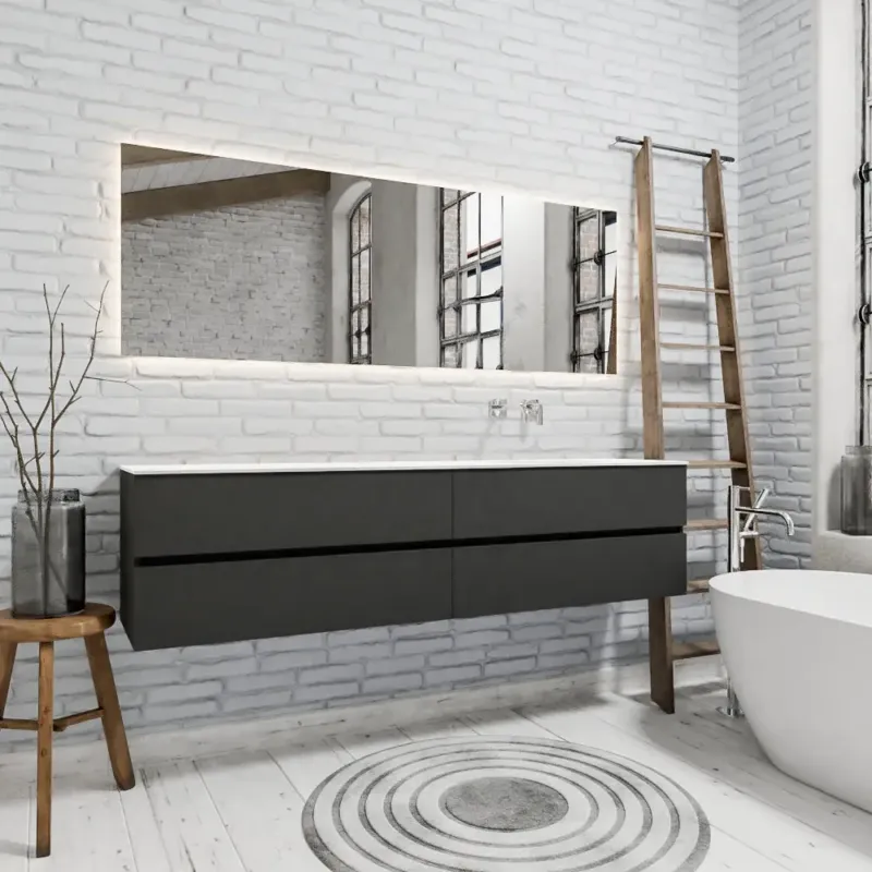 Rechtstreeks Van De Fabrikant Zaro Sevilla Solid Surface badmeubel 200cm mat antraciet zonder kraangat spoelbak rechts met 4 lades