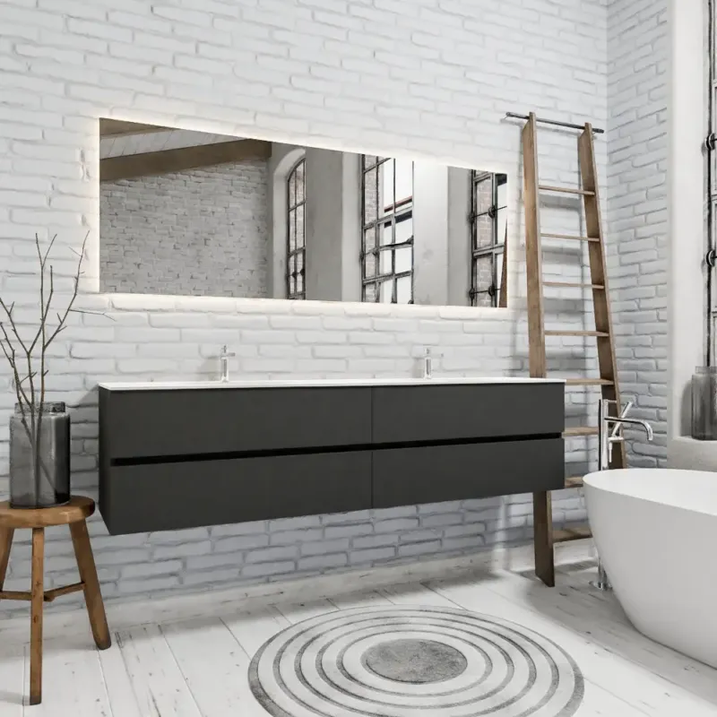 Zaro Sevilla Solid Surface badmeubel 200cm mat antraciet 2 kraangaten dubbele spoelbak met 4 lades Beperkte Voorraad