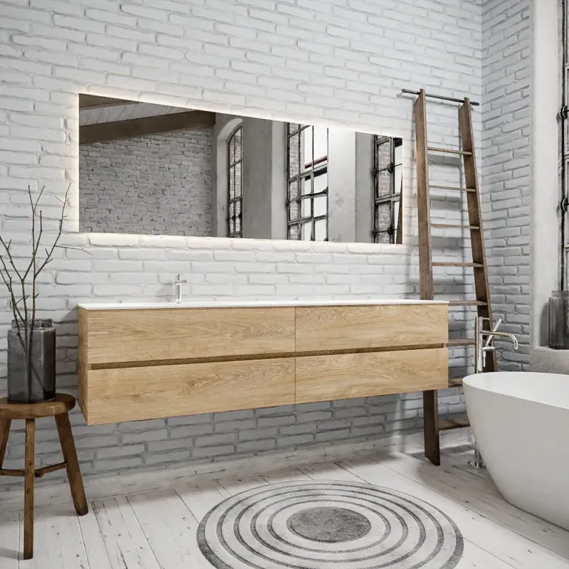 Direct Verzonden Zaro Sevilla Solid Surface badmeubel 200cm Wood washed oak 1 kraangat spoelbak links met 4 lades