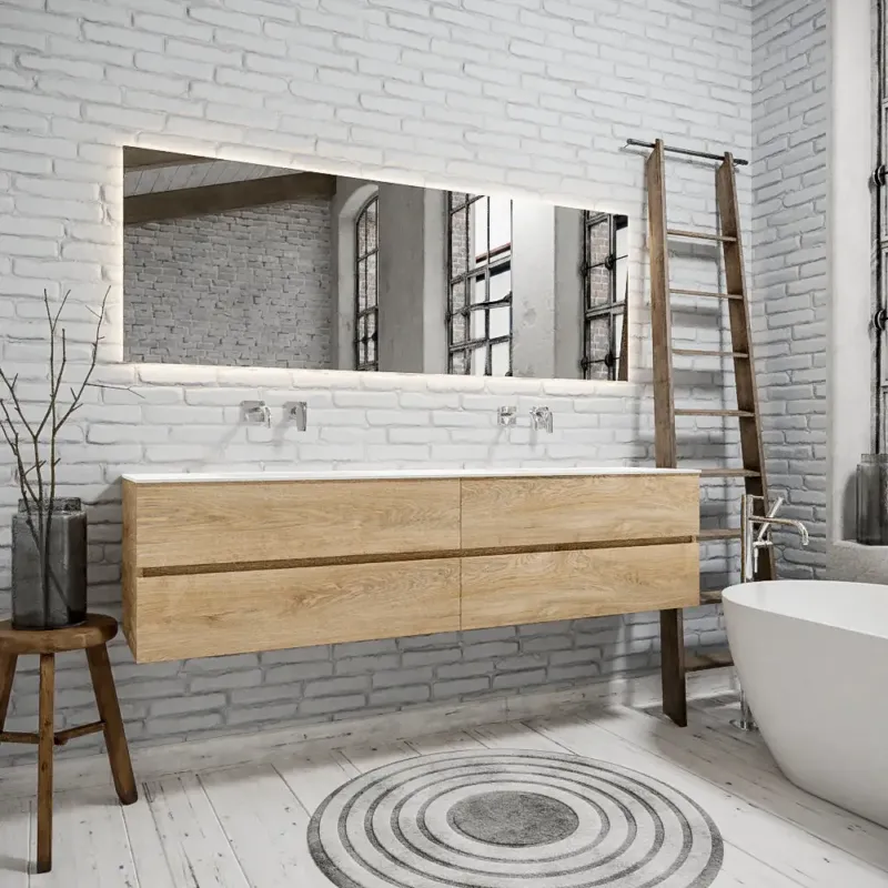 Zaro Valencia Solid Surface badmeubel 200cm Wood washed oak zonder kraangat dubbele spoelbak met 4 lades Betrouwbaar