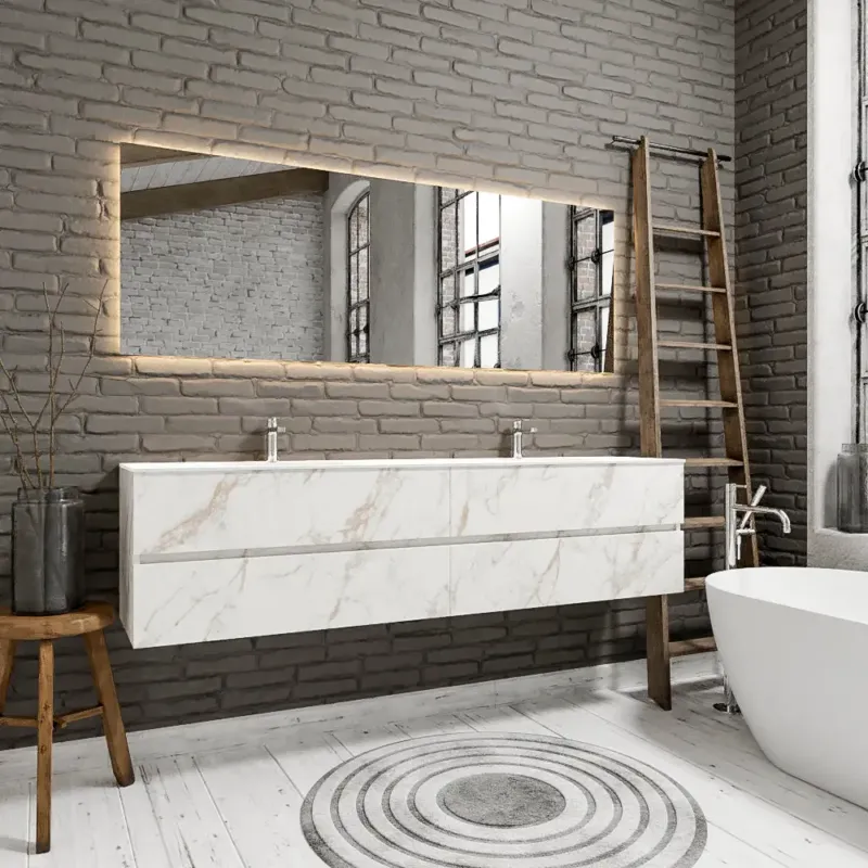 Zaro Sevilla Solid Surface badmeubel 200cm mat carrara mat 2 kraangaten dubbele spoelbak met 4 lades Nieuw