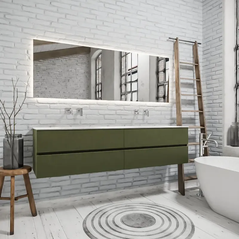 Zaro Valencia Solid Surface badmeubel 200cm mat army groen zonder kraangat dubbele spoelbak met 4 lades Merkproduct