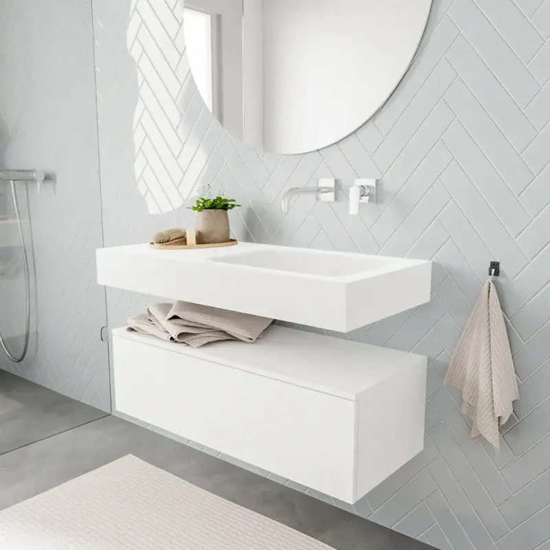 Zaro ALAN vrijhangende wastafel 100cm met wasbak Enkel rechts en onderkast in kleur Wit mat 1 lade(s) Betaalbaar