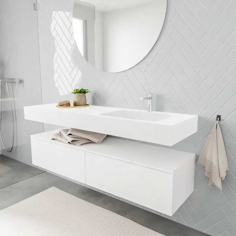 Exclusieve Aanbieding Zaro ALAN vrijhangende wastafel 150cm met wasbak Enkel rechts en onderkast in kleur Wit mat 2 lade(s)