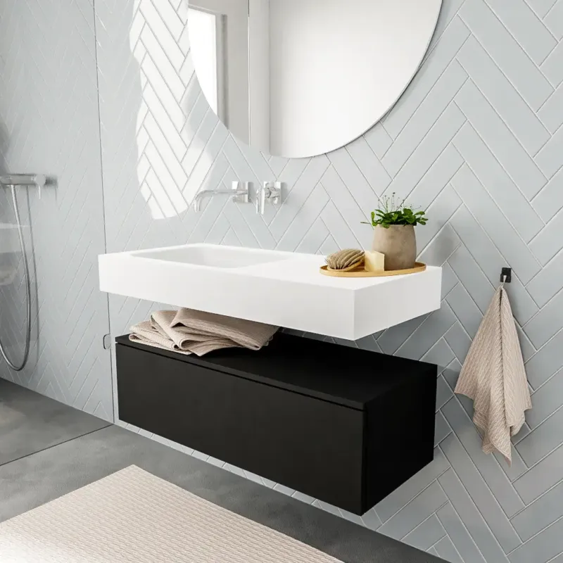 Speciale Aanbieding Zaro ALAN vrijhangende wastafel 100cm met wasbak Enkel links en onderkast in kleur Zwart mat 1 lade(s)