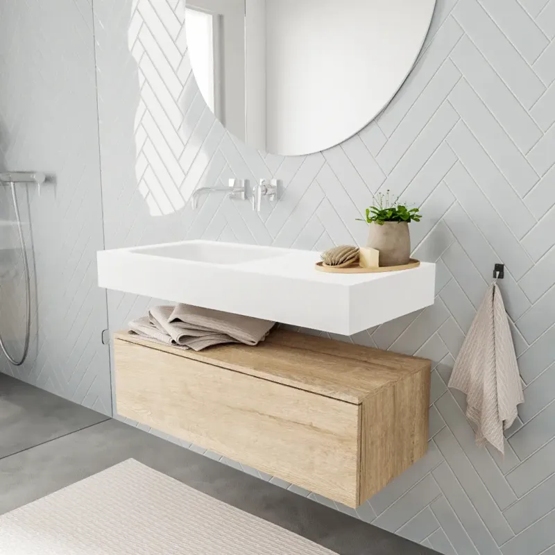 Zaro ALAN vrijhangende wastafel 100cm met wasbak Enkel links en onderkast in kleur washed oak 1 lade(s) Dagaanbieding