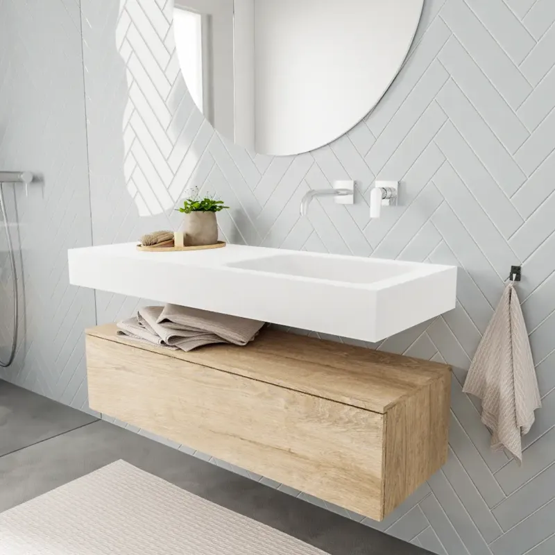 Zaro ALAN vrijhangende wastafel 120cm met wasbak Enkel rechts en onderkast in kleur washed oak 1 lade(s) Merkproduct