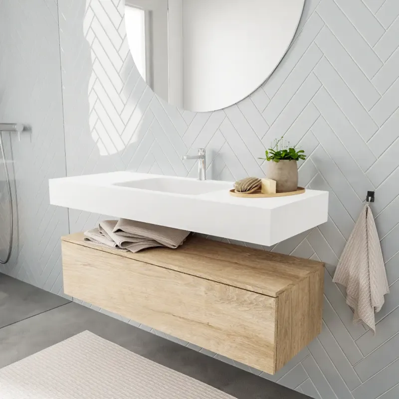 Zaro ALAN vrijhangende wastafel 120cm met wasbak Enkel midden en onderkast in kleur washed oak 1 lade(s) Speciale Aanbieding