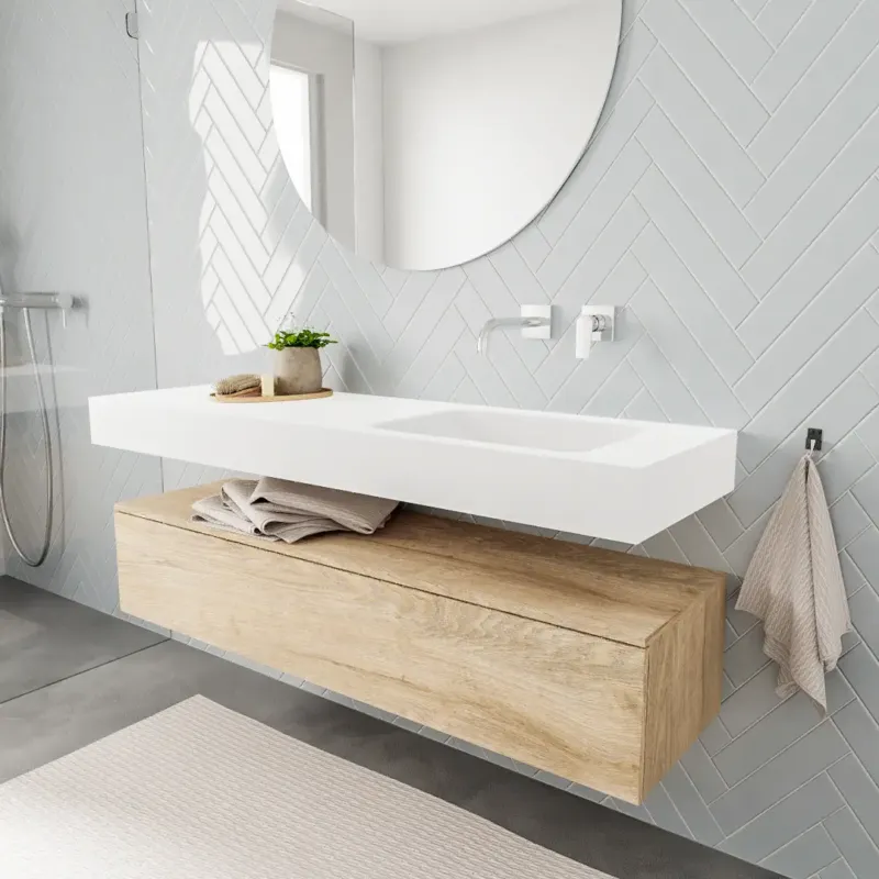 Exclusieve Aanbieding Zaro ALAN vrijhangende wastafel 150cm met wasbak Enkel rechts en onderkast in kleur washed oak 1 lade(s)