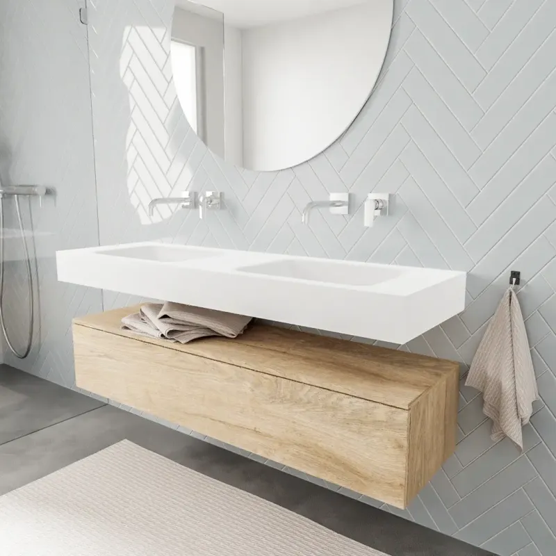 Zaro ALAN vrijhangende wastafel 150cm met wasbak dubbel en onderkast in kleur washed oak 1 lade(s) Weekendaanbieding
