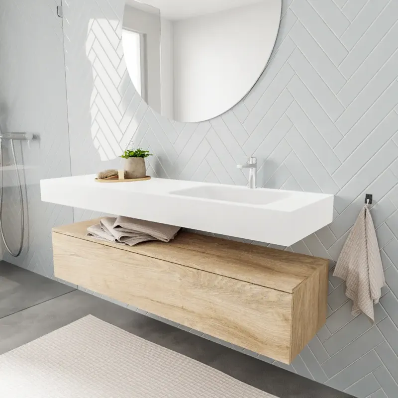 Direct Verzonden Zaro ALAN vrijhangende wastafel 150cm met wasbak Enkel rechts en onderkast in kleur washed oak 1 lade(s)