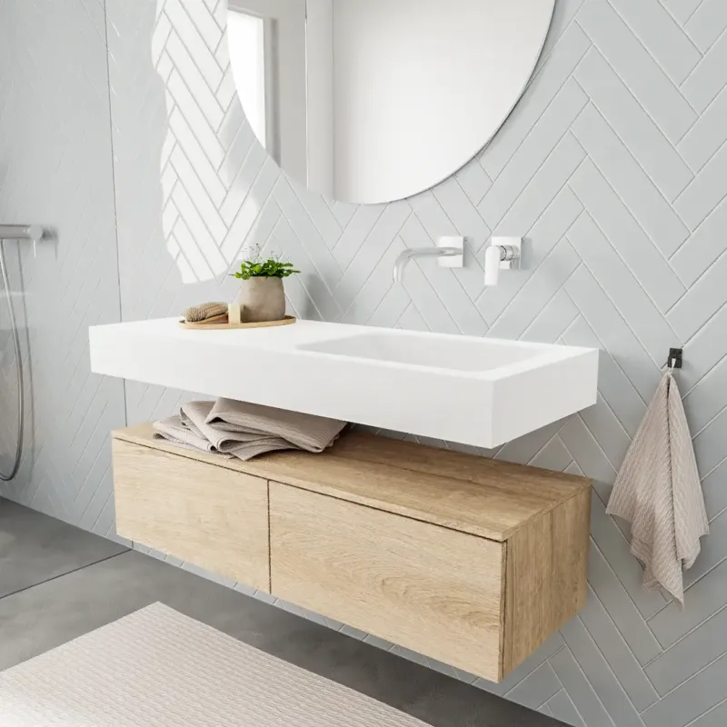 Exclusieve Aanbieding Zaro ALAN vrijhangende wastafel 120cm met wasbak Enkel rechts en onderkast in kleur washed oak 2 lade(s)