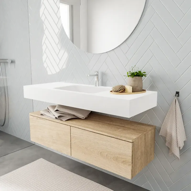 Bestseller Zaro ALAN vrijhangende wastafel 120cm met wasbak Enkel midden en onderkast in kleur washed oak 2 lade(s)