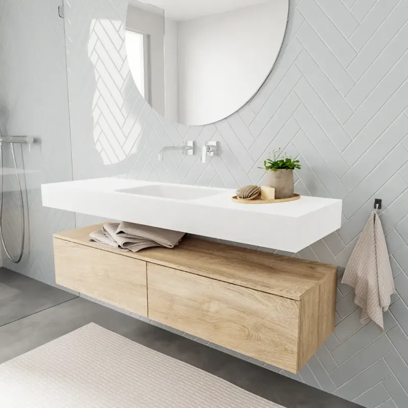 Zaro ALAN vrijhangende wastafel 150cm met wasbak Enkel midden en onderkast in kleur washed oak 2 lade(s) Merkproduct
