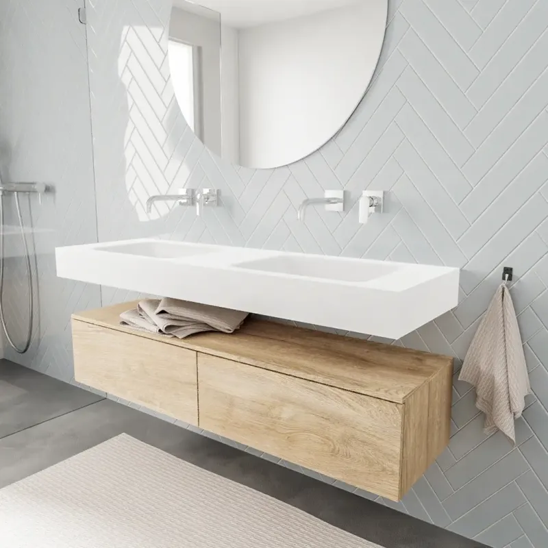 Zaro ALAN vrijhangende wastafel 150cm met wasbak dubbel en onderkast in kleur washed oak 2 lade(s) Aanbieding