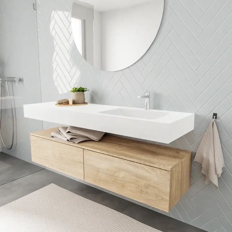 Must-Have Zaro ALAN vrijhangende wastafel 150cm met wasbak Enkel rechts en onderkast in kleur washed oak 2 lade(s)