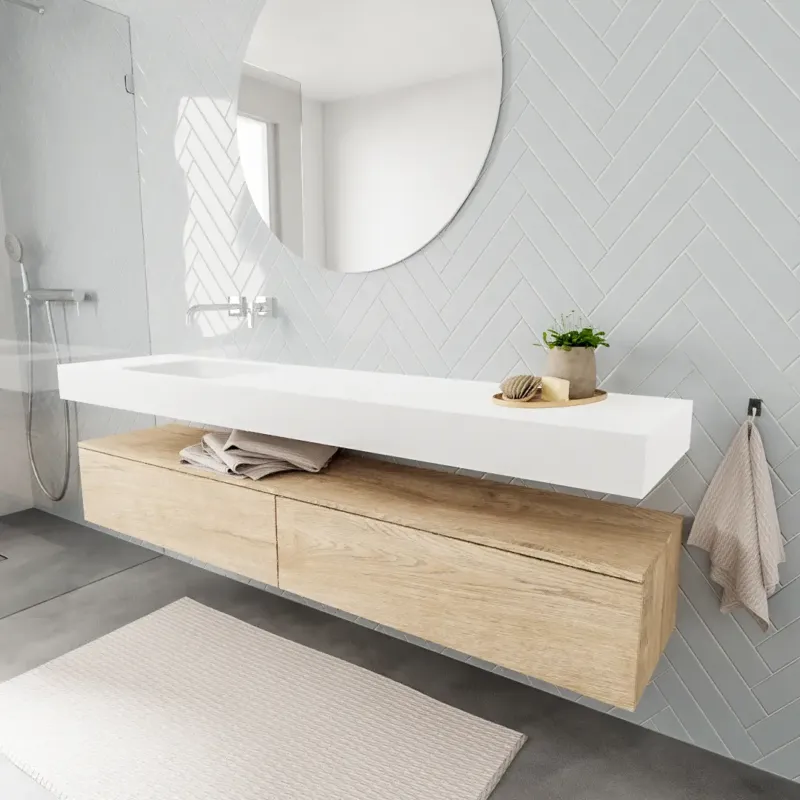 Hete Deal Zaro ALAN vrijhangende wastafel 200cm met wasbak Enkel links en onderkast in kleur washed oak 2 lade(s)