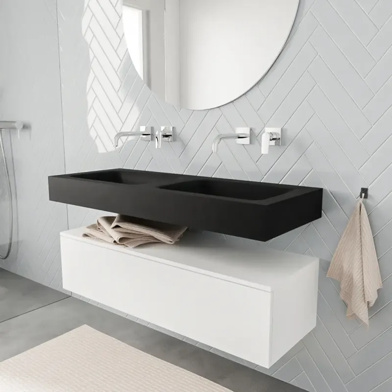 Zaro ALAN vrijhangende wastafel 120cm met wasbak dubbel en onderkast in kleur Wit mat 1 lade(s) Aanbieding