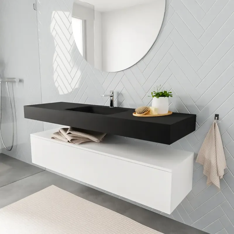Zaro ALAN vrijhangende wastafel 150cm met wasbak Enkel midden en onderkast in kleur Wit mat 1 lade(s) Speciale Aanbieding