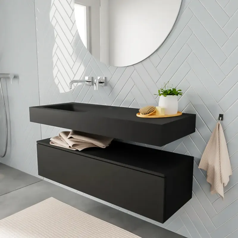 Weekendaanbieding Zaro ALAN vrijhangende wastafel 120cm met wasbak Enkel links en onderkast in kleur Zwart mat 1 lade(s)
