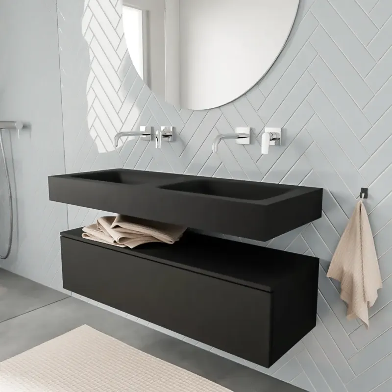 Betaalbaar Zaro ALAN vrijhangende wastafel 120cm met wasbak dubbel en onderkast in kleur Zwart mat 1 lade(s)