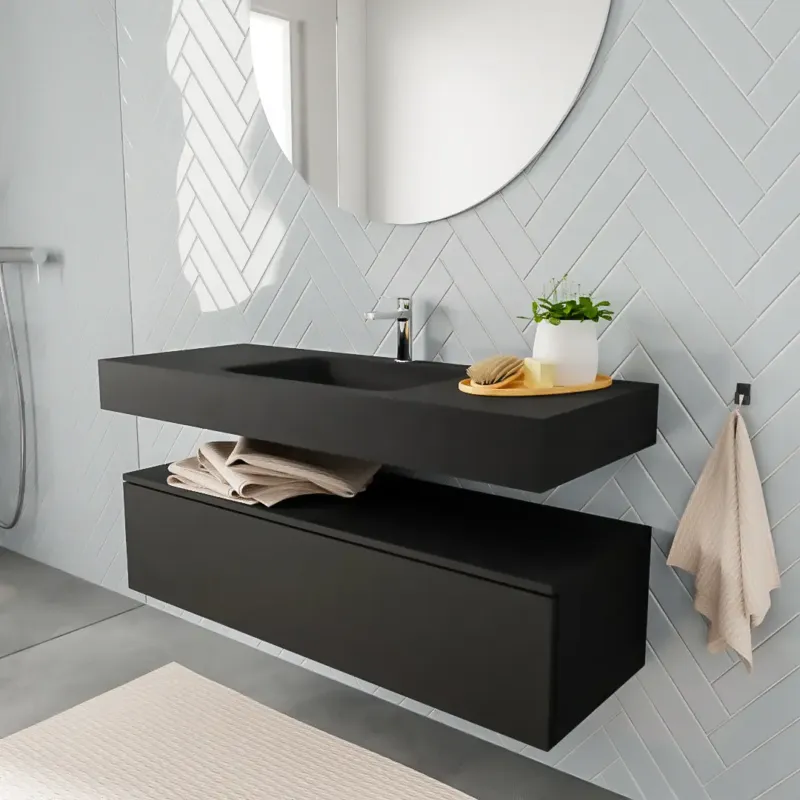 Must-Have Zaro ALAN vrijhangende wastafel 120cm met wasbak Enkel midden en onderkast in kleur Zwart mat 1 lade(s)
