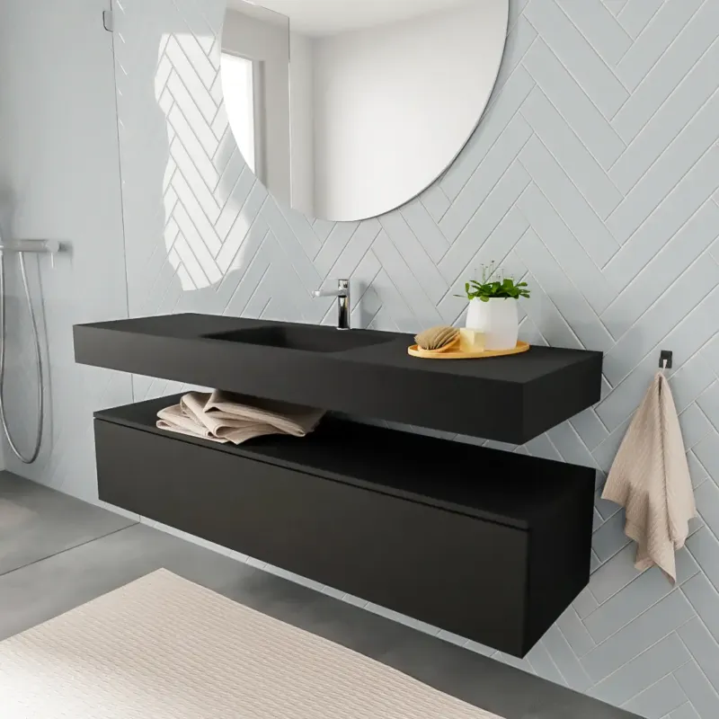 Weekendaanbieding Zaro ALAN vrijhangende wastafel 150cm met wasbak Enkel midden en onderkast in kleur Zwart mat 1 lade(s)