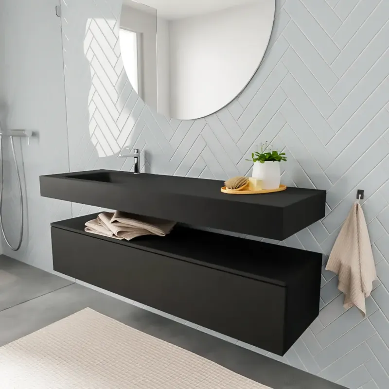 Aanbieding Zaro ALAN vrijhangende wastafel 150cm met wasbak Enkel links en onderkast in kleur Zwart mat 1 lade(s)