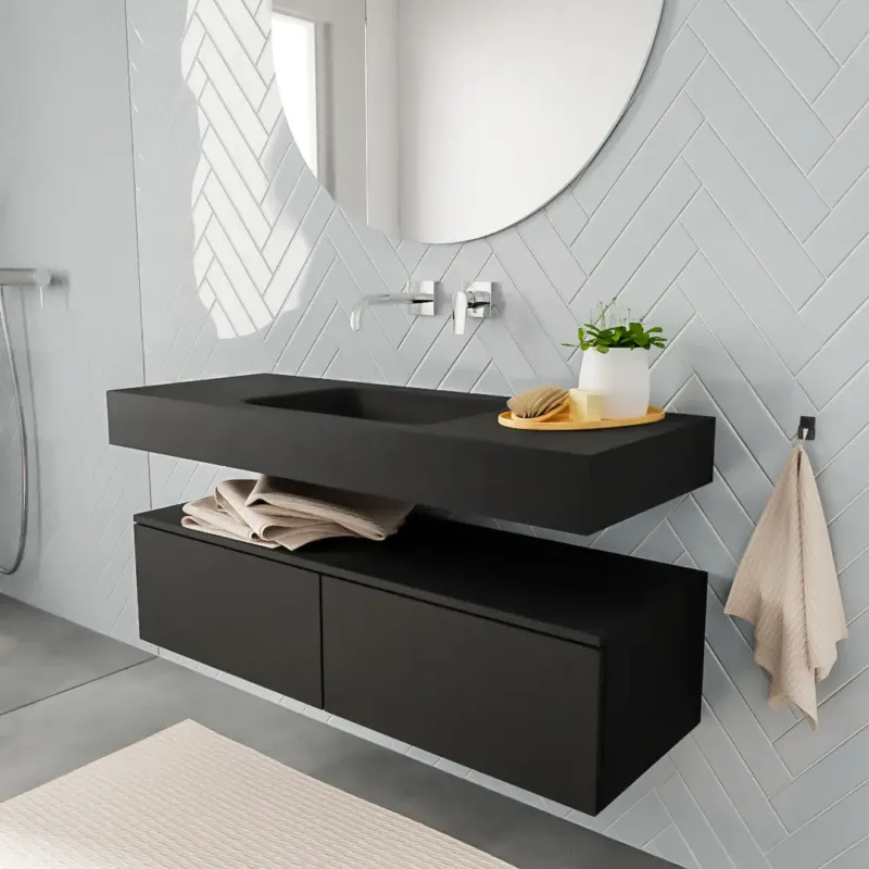 Exclusieve Aanbieding Zaro ALAN vrijhangende wastafel 120cm met wasbak Enkel midden en onderkast in kleur Zwart mat 2 lade(s)
