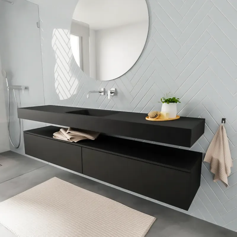 Zaro ALAN vrijhangende wastafel 200cm met wasbak Enkel midden en onderkast in kleur Zwart mat 2 lade(s) Exclusieve Aanbieding