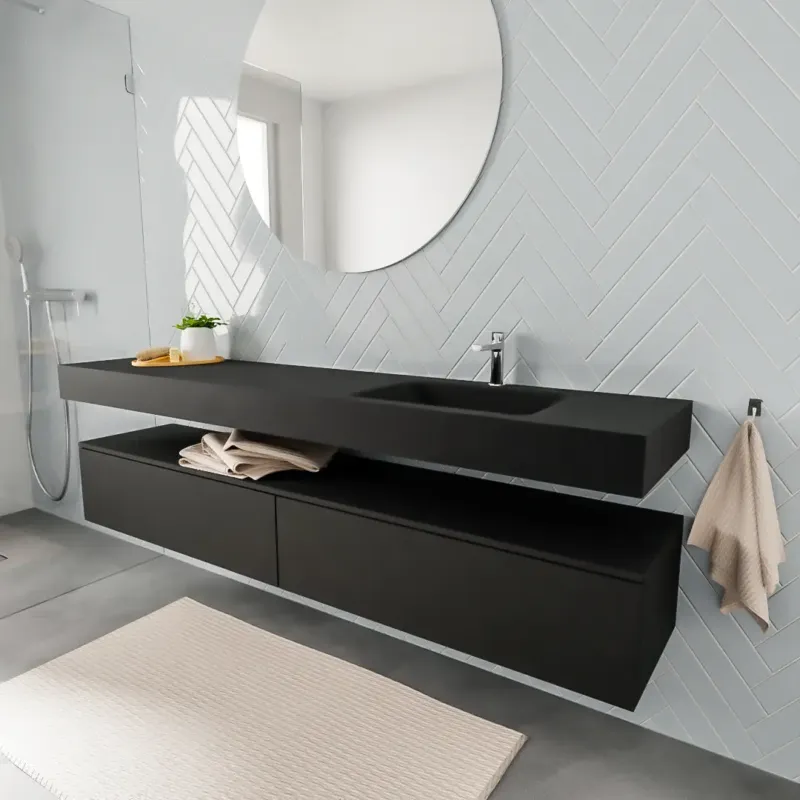 Exclusieve Aanbieding Zaro ALAN vrijhangende wastafel 200cm met wasbak Enkel rechts en onderkast in kleur Zwart mat 2 lade(s)