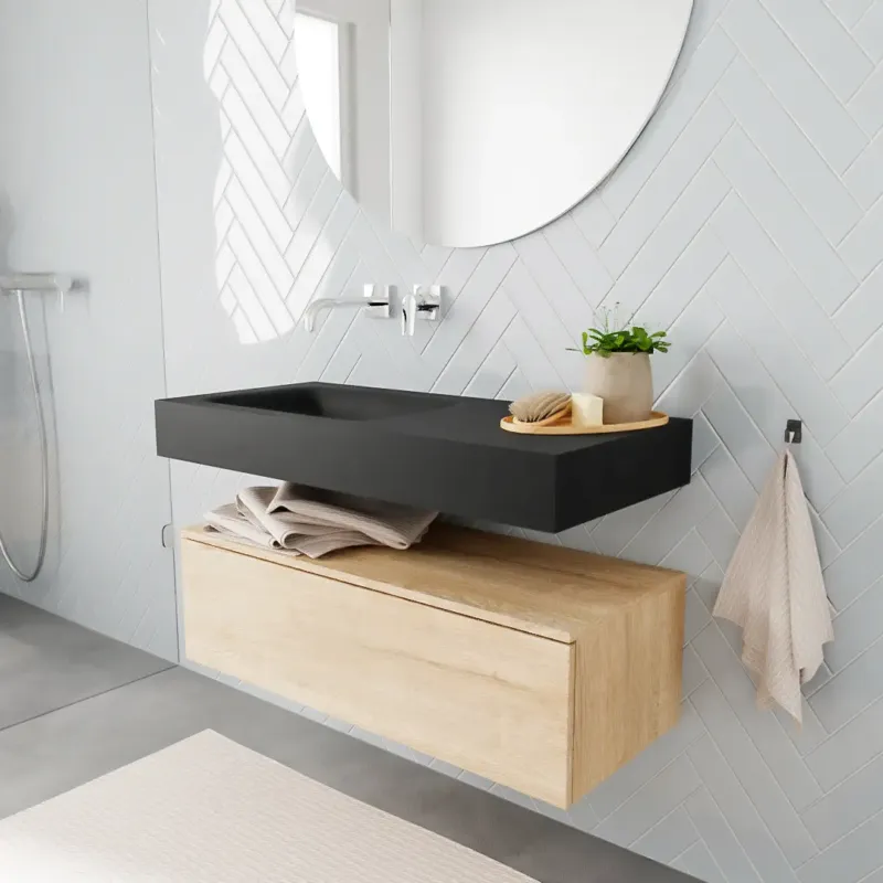 Weekendaanbieding Zaro ALAN vrijhangende wastafel 100cm met wasbak Enkel links en onderkast in kleur washed oak 1 lade(s)