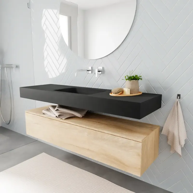 Zaro ALAN vrijhangende wastafel 150cm met wasbak Enkel midden en onderkast in kleur washed oak 1 lade(s) Shop Nu