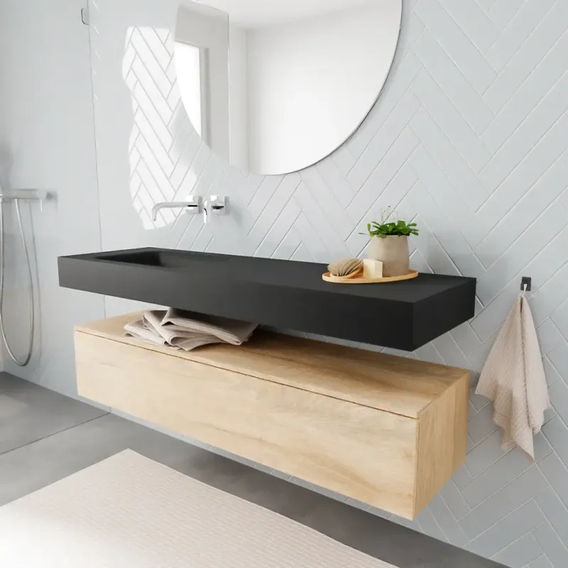 Nieuw Zaro ALAN vrijhangende wastafel 150cm met wasbak Enkel links en onderkast in kleur washed oak 1 lade(s)