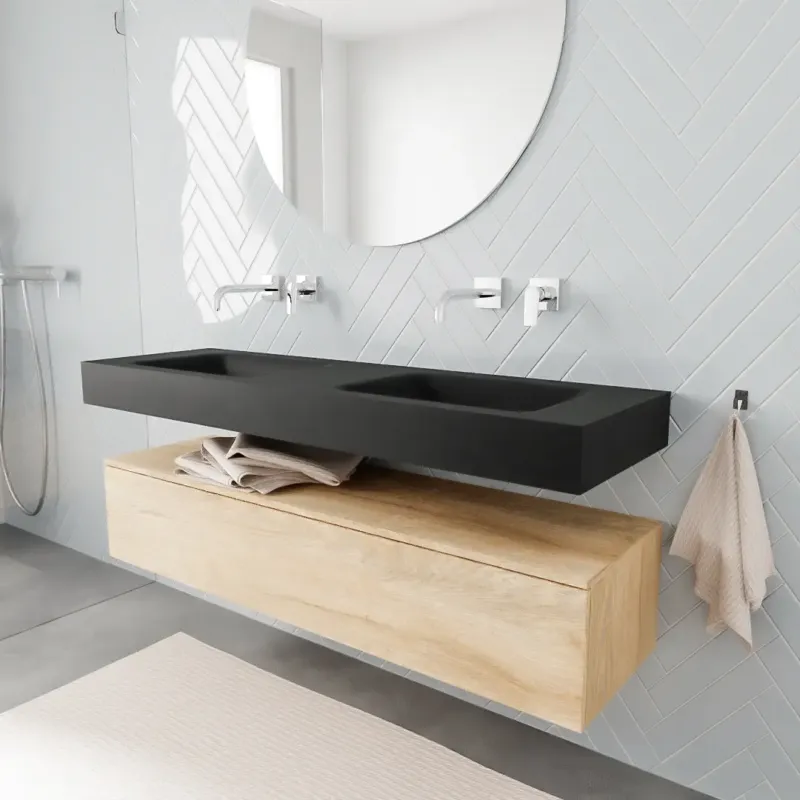 Zaro ALAN vrijhangende wastafel 150cm met wasbak dubbel en onderkast in kleur washed oak 1 lade(s) Hete Deal