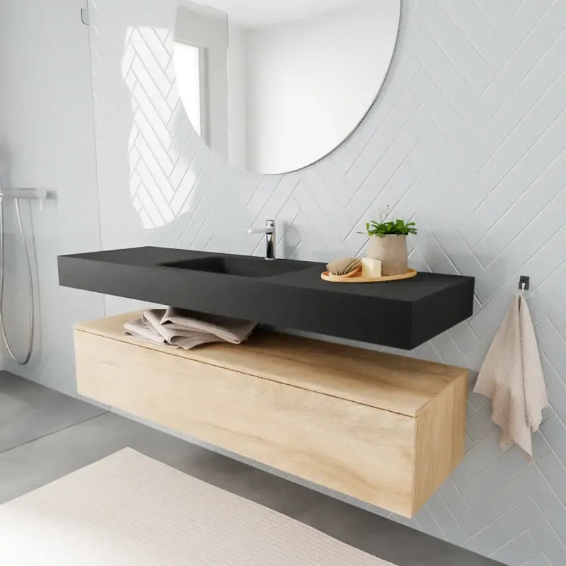 Zaro ALAN vrijhangende wastafel 150cm met wasbak Enkel midden en onderkast in kleur washed oak 1 lade(s) Hoge Kwaliteit