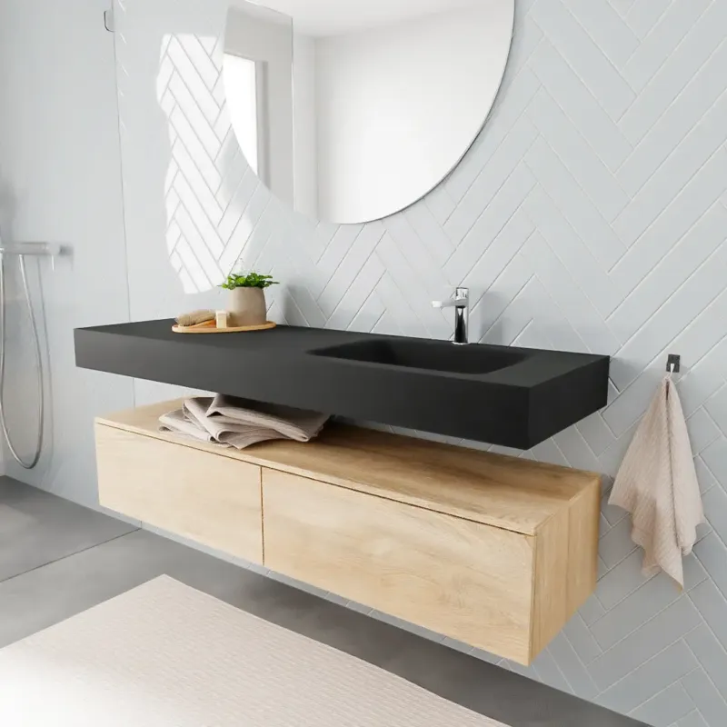 Zaro ALAN vrijhangende wastafel 150cm met wasbak Enkel rechts en onderkast in kleur washed oak 2 lade(s) Direct Verzonden