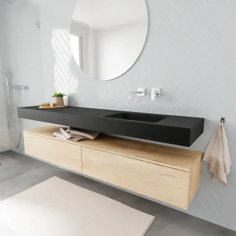 Zaro ALAN vrijhangende wastafel 200cm met wasbak Enkel rechts en onderkast in kleur washed oak 2 lade(s) Must-Have